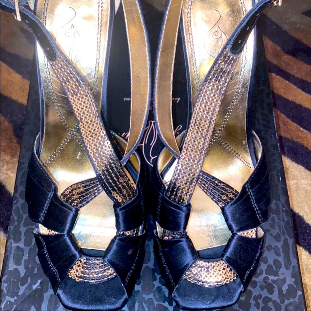 Size 8 satin keyhole Baby Phat heels with gold sequins in original box